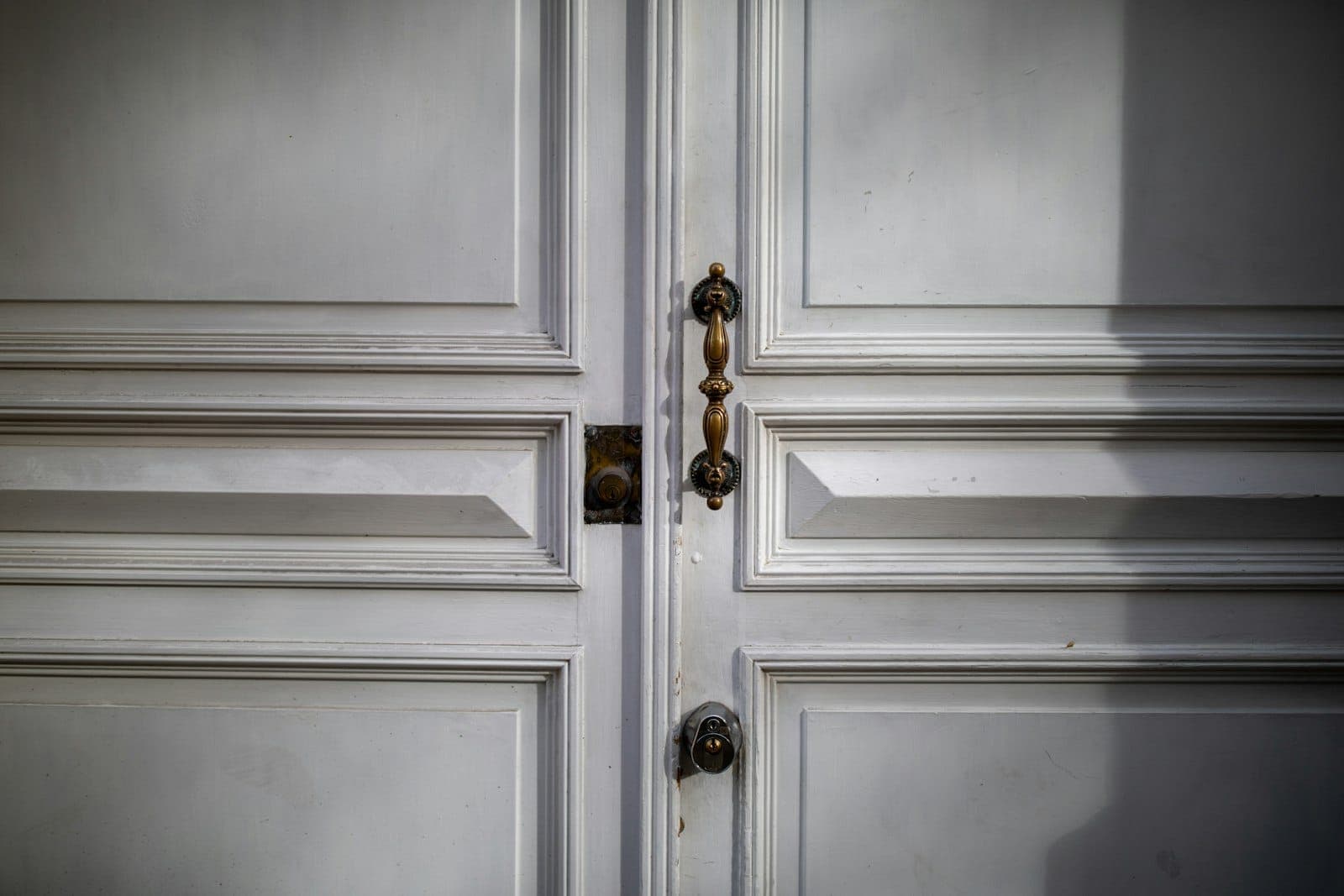 Brass handle on a paneled door